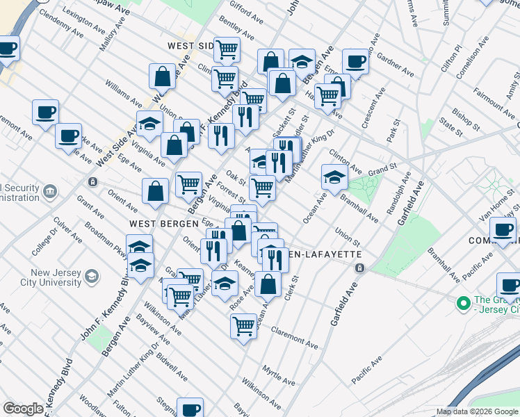 map of restaurants, bars, coffee shops, grocery stores, and more near 315 Forrest Street in Jersey City