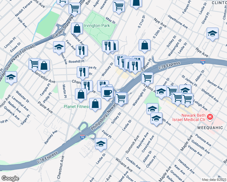 map of restaurants, bars, coffee shops, grocery stores, and more near 72 Cordier Street in Irvington