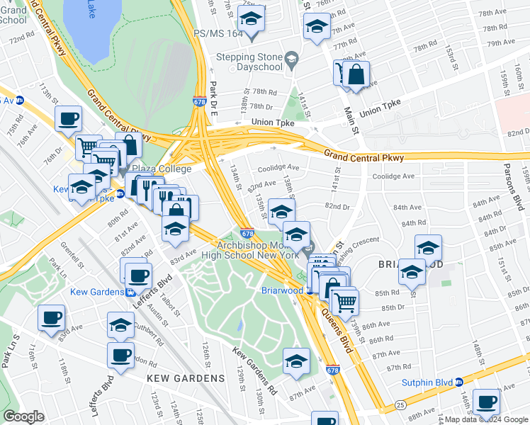 map of restaurants, bars, coffee shops, grocery stores, and more near 82-41 135th Street in Queens