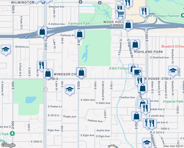 map of restaurants, bars, coffee shops, grocery stores, and more near 1007 2700 South in Salt Lake City