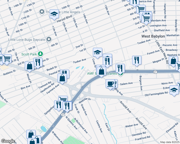 map of restaurants, bars, coffee shops, grocery stores, and more near 256 Farber Drive in West Babylon