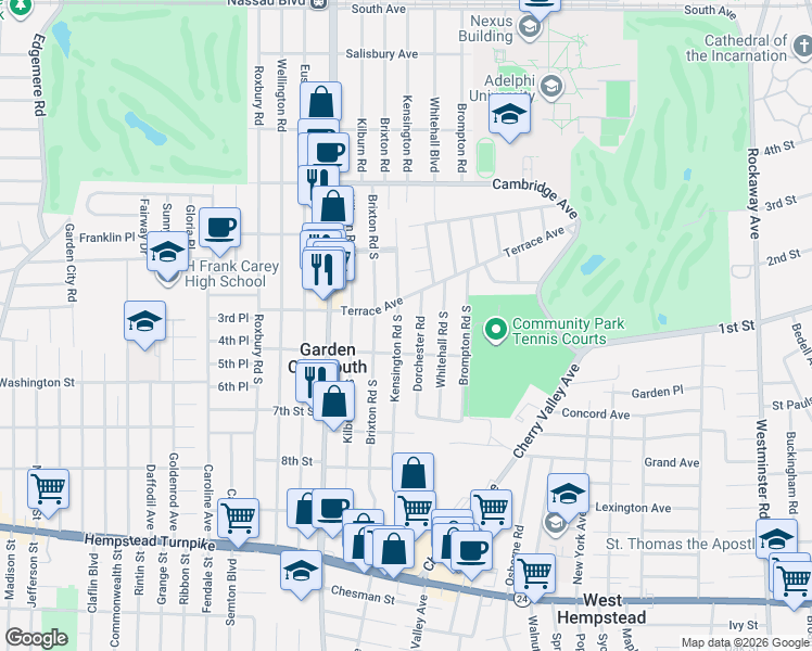 map of restaurants, bars, coffee shops, grocery stores, and more near 235 Dorchester Road in Garden City