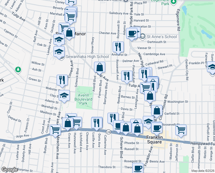 map of restaurants, bars, coffee shops, grocery stores, and more near 166 Barrymore Boulevard in Franklin Square
