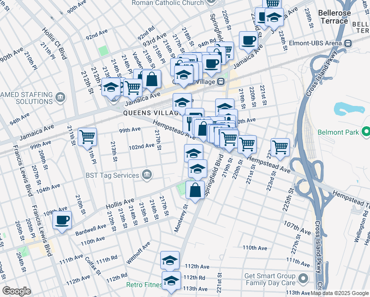 map of restaurants, bars, coffee shops, grocery stores, and more near 218-11 104th Avenue in Queens