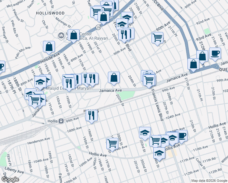 map of restaurants, bars, coffee shops, grocery stores, and more near 94-11 199th Street in Queens