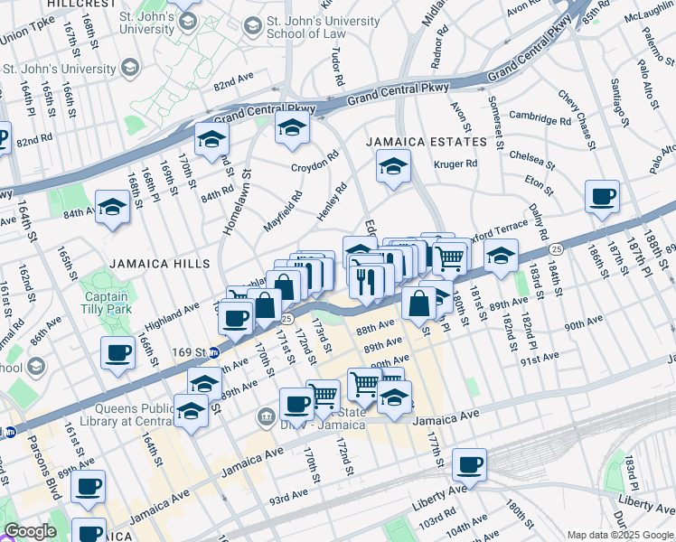 map of restaurants, bars, coffee shops, grocery stores, and more near 175-27 Wexford Terrace in Queens