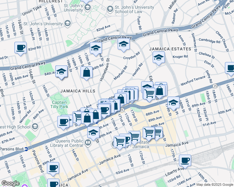 map of restaurants, bars, coffee shops, grocery stores, and more near 87-03 Kingston Place in Queens