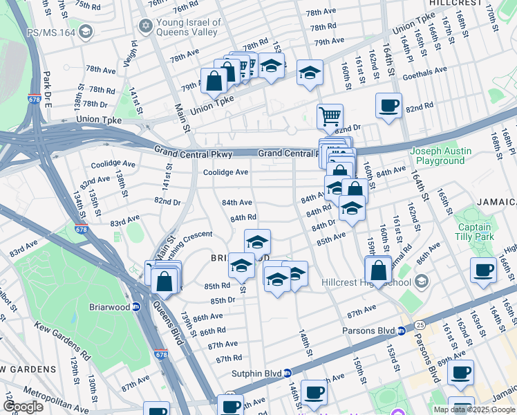 map of restaurants, bars, coffee shops, grocery stores, and more near 84-19 Smedley Street in Queens