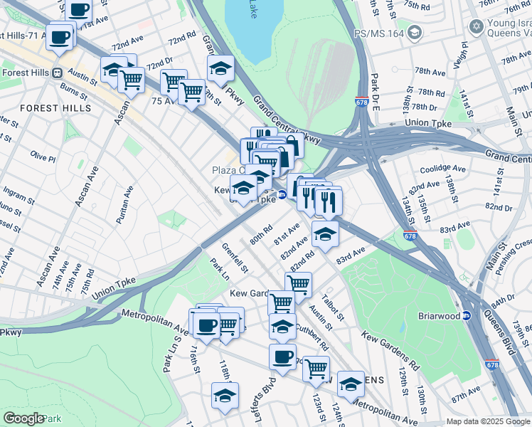map of restaurants, bars, coffee shops, grocery stores, and more near 119-39 80th Road in Queens