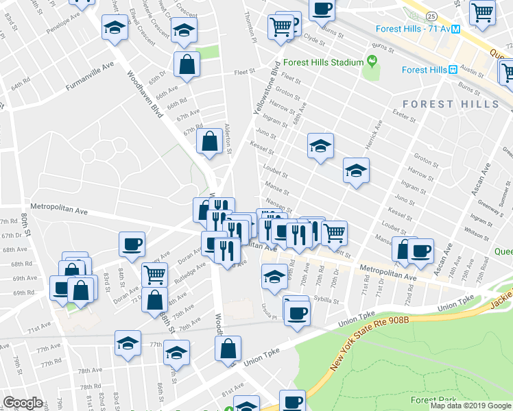 map of restaurants, bars, coffee shops, grocery stores, and more near 68-28 Selfridge Street in Queens