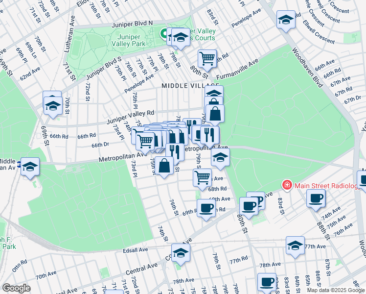map of restaurants, bars, coffee shops, grocery stores, and more near 78-12 Metropolitan Avenue in Queens