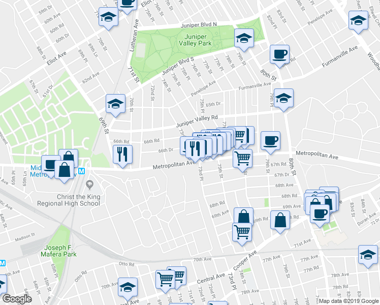 map of restaurants, bars, coffee shops, grocery stores, and more near 72-59 Metropolitan Avenue in Queens