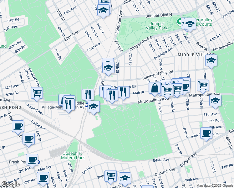 map of restaurants, bars, coffee shops, grocery stores, and more near 66-58 70th Street in Queens