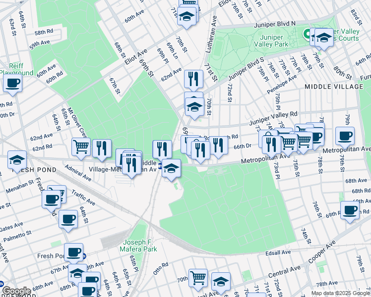 map of restaurants, bars, coffee shops, grocery stores, and more near 66-78 69th Street in Queens