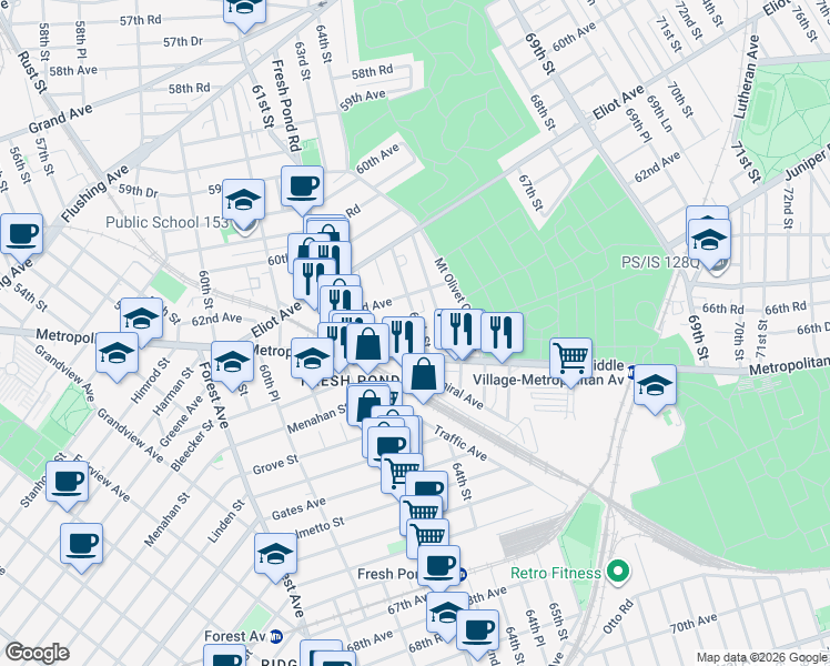 map of restaurants, bars, coffee shops, grocery stores, and more near 62-52 64th Street in Queens