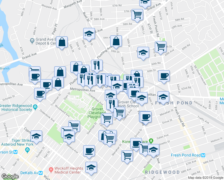 map of restaurants, bars, coffee shops, grocery stores, and more near in Queens