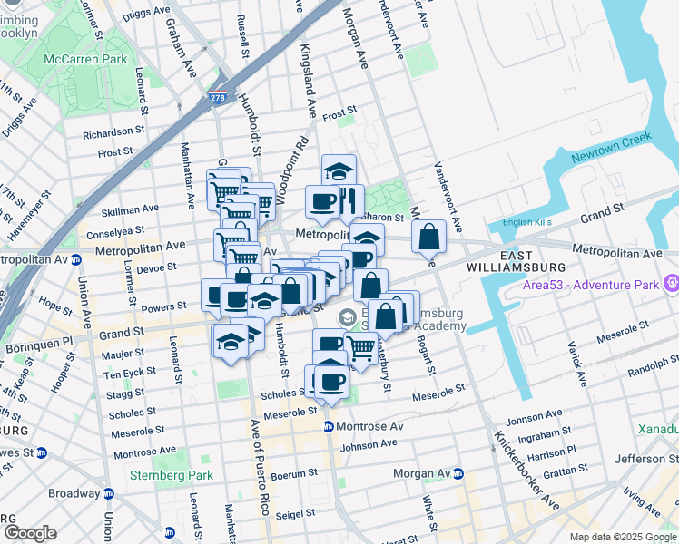 map of restaurants, bars, coffee shops, grocery stores, and more near 182 Powers Street in Brooklyn