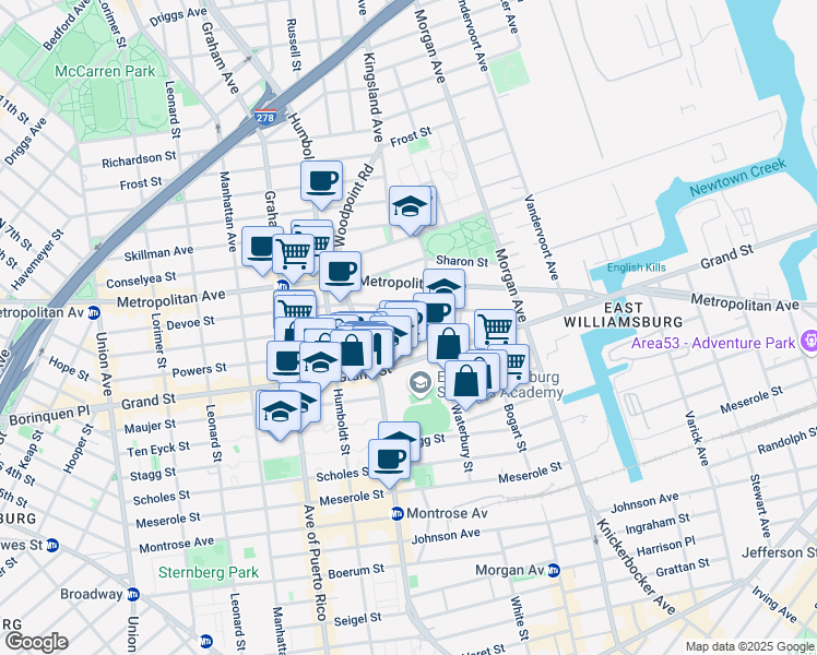 map of restaurants, bars, coffee shops, grocery stores, and more near 182 Powers Street in Brooklyn