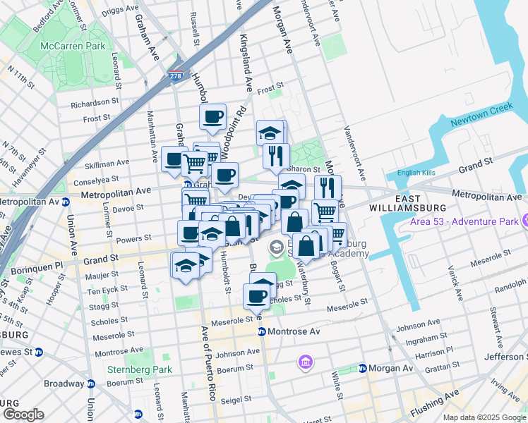 map of restaurants, bars, coffee shops, grocery stores, and more near 182 Powers Street in Brooklyn