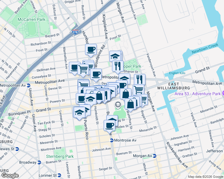 map of restaurants, bars, coffee shops, grocery stores, and more near 182 Powers Street in Brooklyn