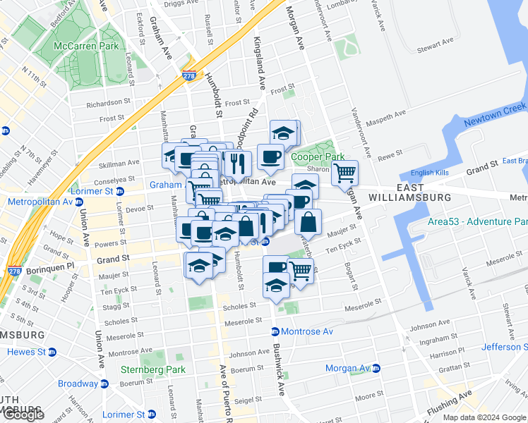 map of restaurants, bars, coffee shops, grocery stores, and more near 65 Bushwick Avenue in Brooklyn