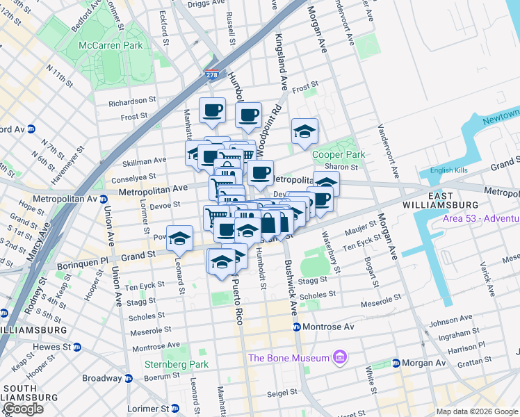 map of restaurants, bars, coffee shops, grocery stores, and more near 321A Humboldt Street in Brooklyn