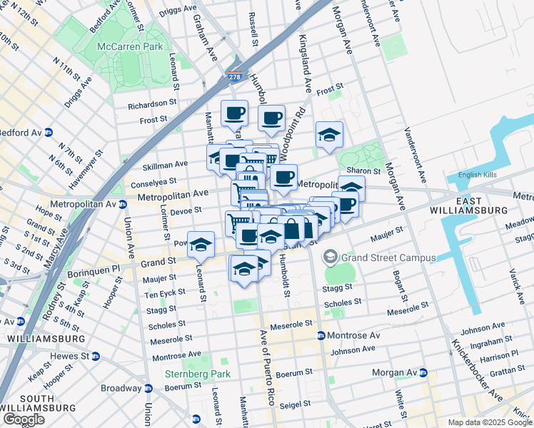map of restaurants, bars, coffee shops, grocery stores, and more near 321A Humboldt Street in Brooklyn