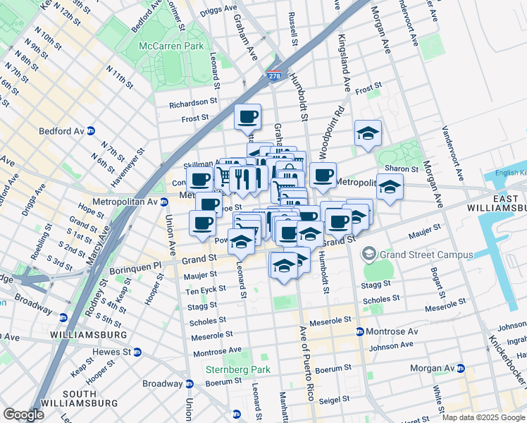 map of restaurants, bars, coffee shops, grocery stores, and more near 207 Ainslie Street in Brooklyn