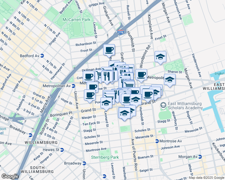 map of restaurants, bars, coffee shops, grocery stores, and more near 207 Ainslie Street in Brooklyn