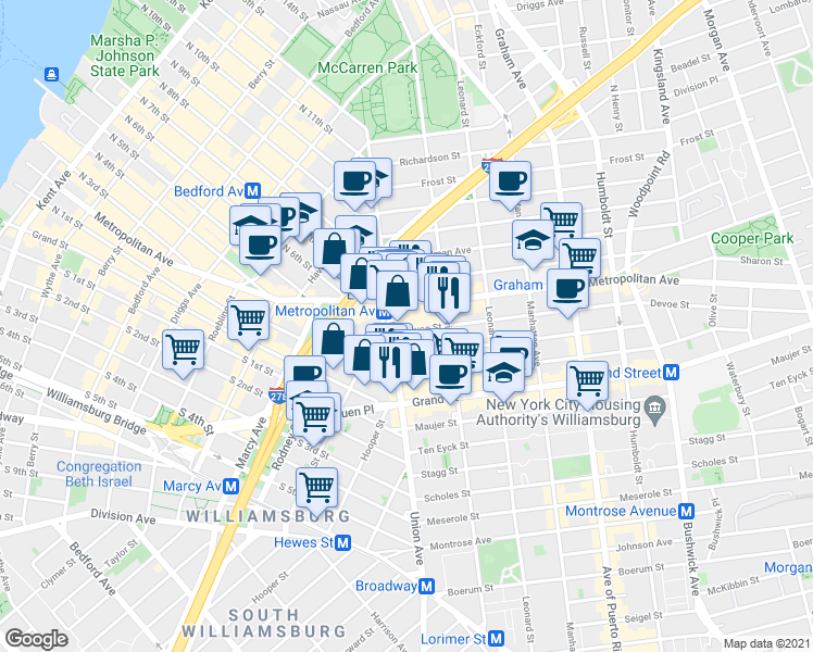 map of restaurants, bars, coffee shops, grocery stores, and more near 422 Union Avenue in Brooklyn
