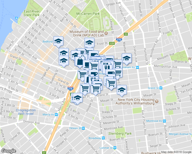 map of restaurants, bars, coffee shops, grocery stores, and more near 422 Union Avenue in Brooklyn