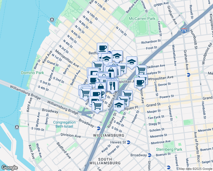 map of restaurants, bars, coffee shops, grocery stores, and more near 62 Hope Street in Brooklyn