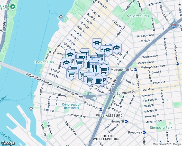 map of restaurants, bars, coffee shops, grocery stores, and more near 175 Roebling Street in Brooklyn