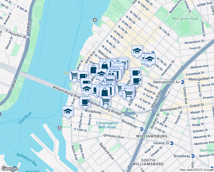 map of restaurants, bars, coffee shops, grocery stores, and more near 99 South 3rd Street in Brooklyn