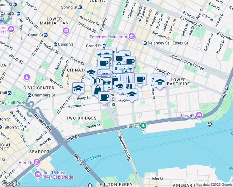 map of restaurants, bars, coffee shops, grocery stores, and more near 122 Henry Street in New York