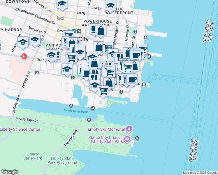 map of restaurants, bars, coffee shops, grocery stores, and more near 115 Morris Street in Jersey City