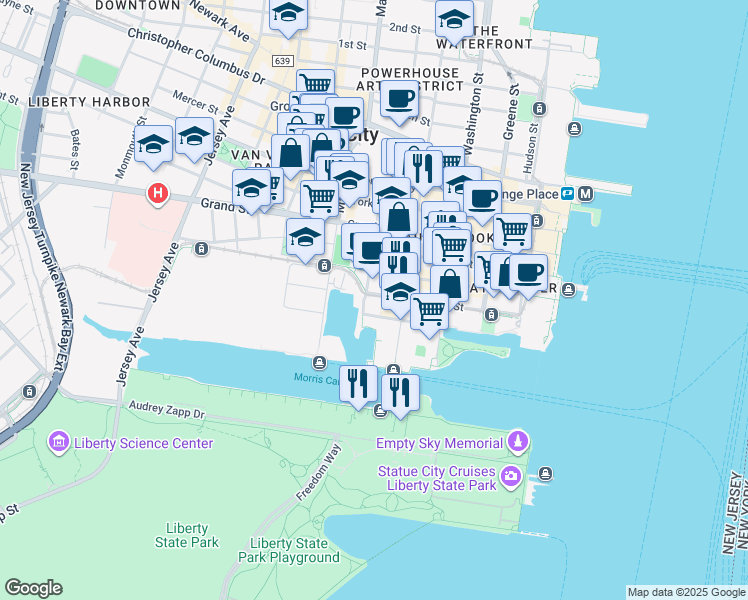 map of restaurants, bars, coffee shops, grocery stores, and more near 149 Essex Street in Jersey City