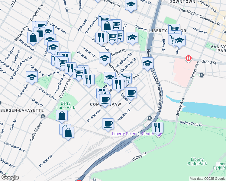 map of restaurants, bars, coffee shops, grocery stores, and more near 357 Pacific Avenue in Jersey City
