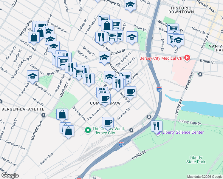 map of restaurants, bars, coffee shops, grocery stores, and more near 357 Pacific Avenue in Jersey City