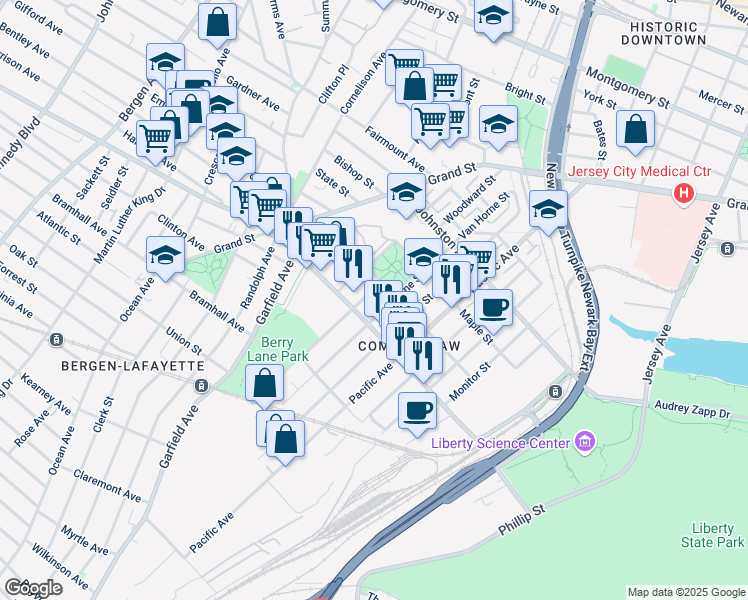 map of restaurants, bars, coffee shops, grocery stores, and more near 392 Communipaw Avenue in Jersey City