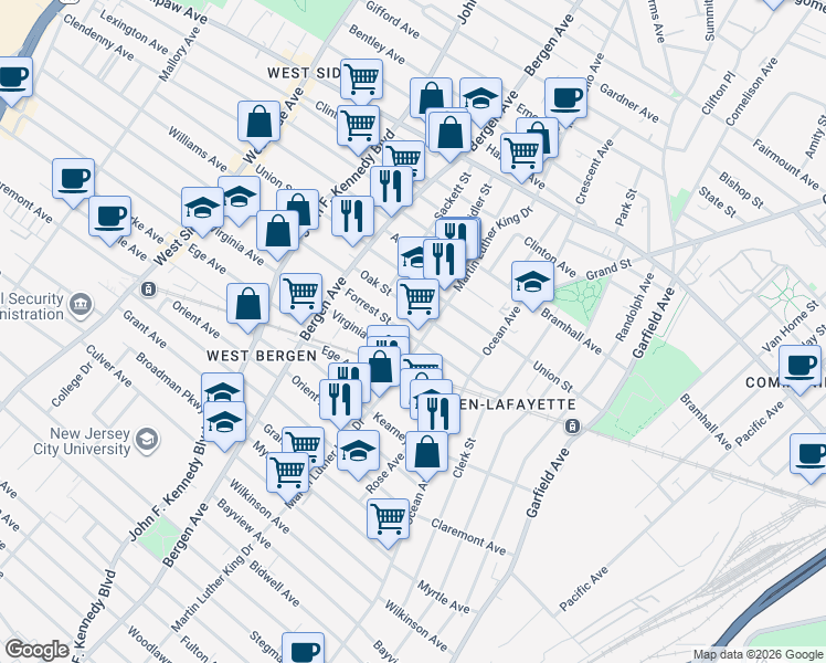map of restaurants, bars, coffee shops, grocery stores, and more near 315 Forrest Street in Jersey City