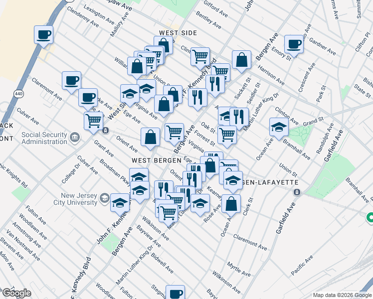 map of restaurants, bars, coffee shops, grocery stores, and more near 1 Bernius Court in Jersey City