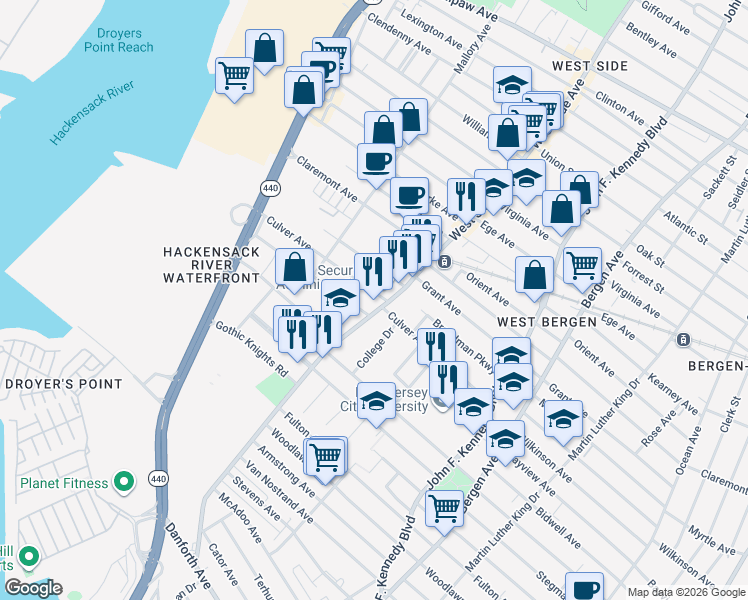 map of restaurants, bars, coffee shops, grocery stores, and more near 10 Fisk Street in Jersey City