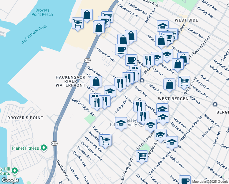 map of restaurants, bars, coffee shops, grocery stores, and more near 10 Fisk Street in Jersey City