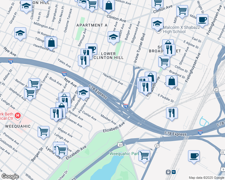 map of restaurants, bars, coffee shops, grocery stores, and more near 303 Ridgewood Avenue in Newark