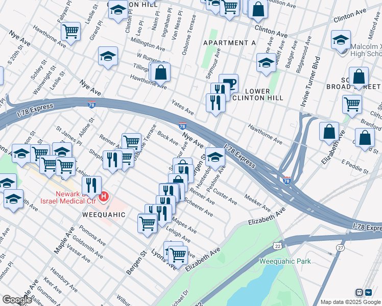 map of restaurants, bars, coffee shops, grocery stores, and more near 384-386 Chadwick Avenue in Newark
