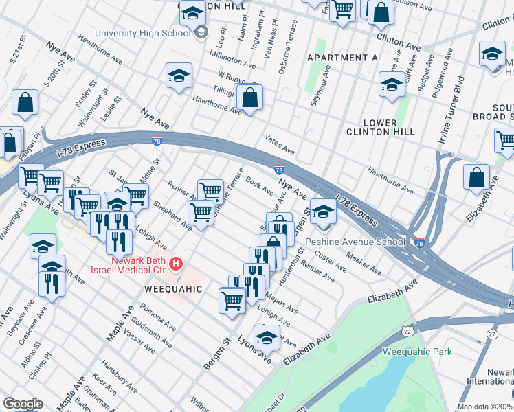map of restaurants, bars, coffee shops, grocery stores, and more near 207 Custer Avenue in Newark