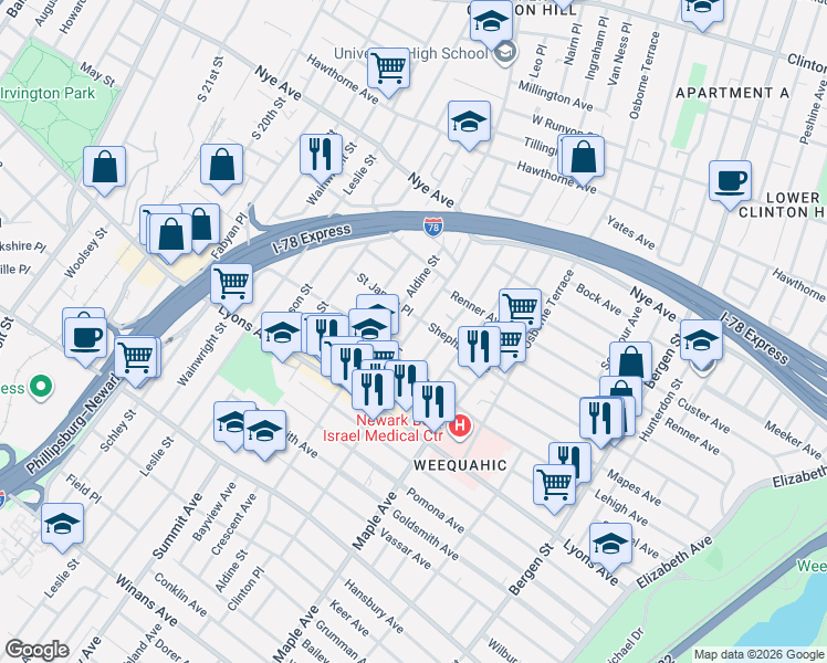 map of restaurants, bars, coffee shops, grocery stores, and more near in 
