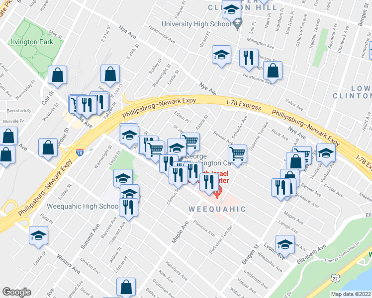 map of restaurants, bars, coffee shops, grocery stores, and more near 85 Aldine Street in Newark