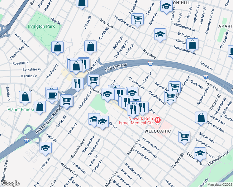 map of restaurants, bars, coffee shops, grocery stores, and more near 198 Dewey Street in Newark